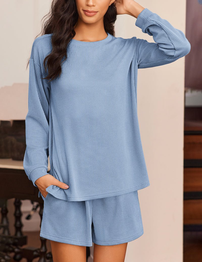 2-piece lounge pajama set, long-sleeve top and striped shorts, light blue