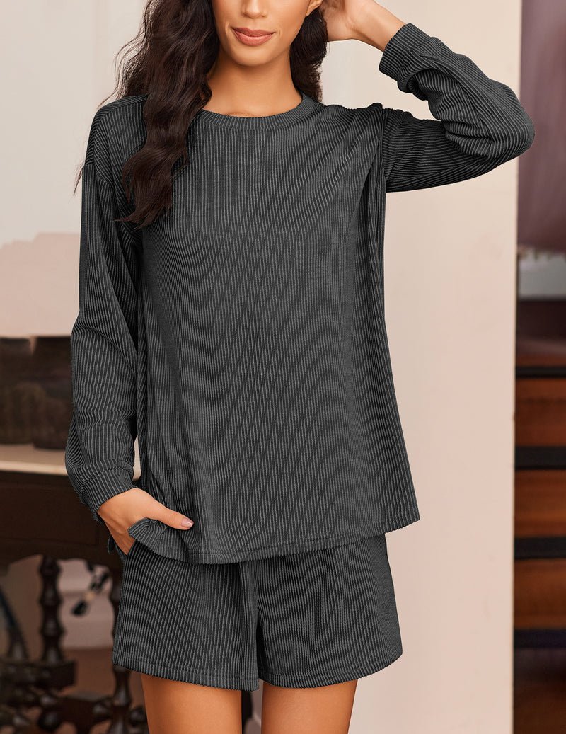 2-piece lounge pajama set, long-sleeve top and striped shorts, dark charcoal/gray