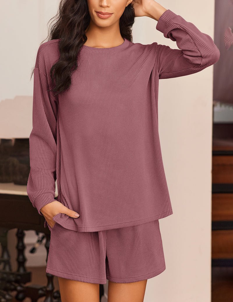 2-piece lounge pajama set, long-sleeve top and striped shorts, mauve/purple