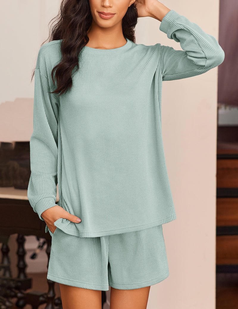 2-piece lounge pajama set, long-sleeve top and striped shorts, ice green