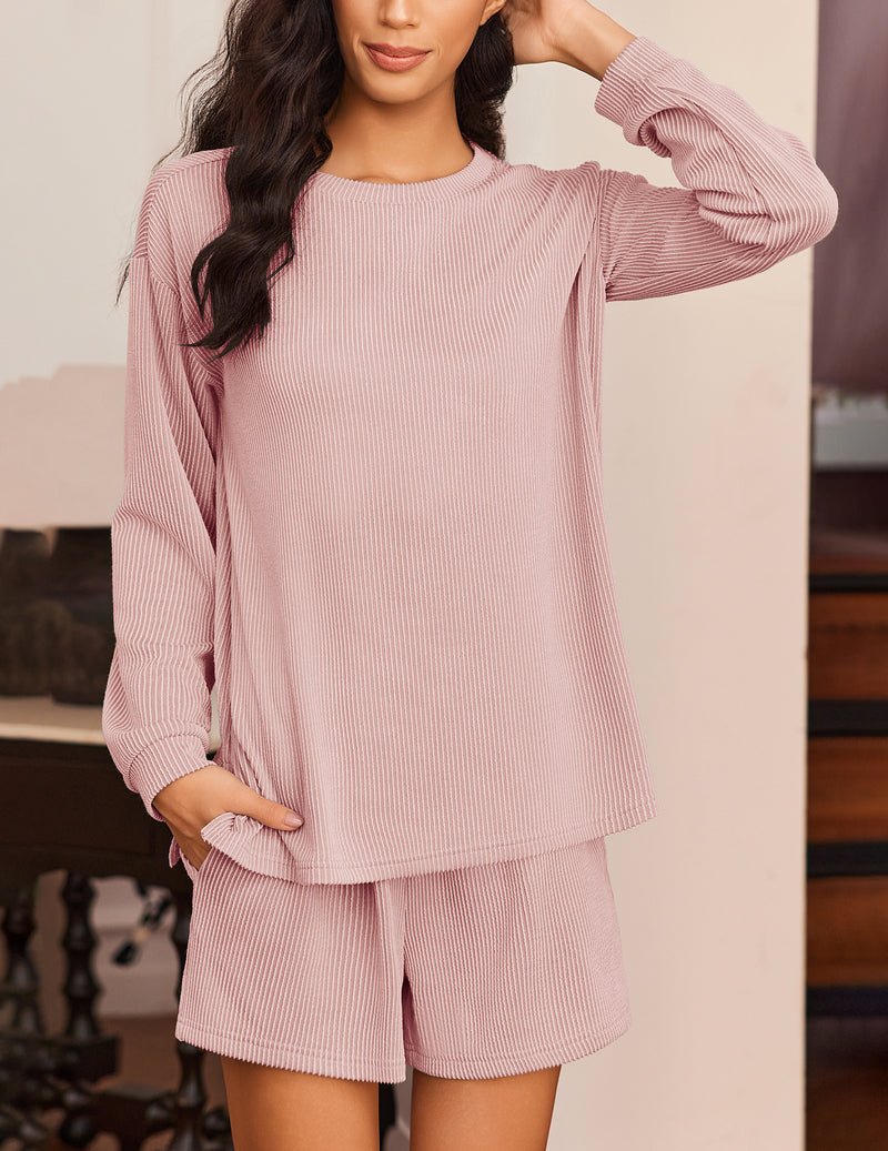2-piece lounge pajama set, long-sleeve top and striped shorts, blush pink