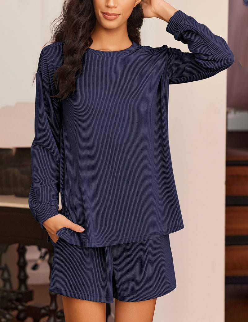 2-piece lounge pajama set, long-sleeve top and striped shorts, navy blue