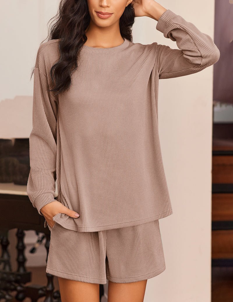 2-piece lounge pajama set, long-sleeve top and striped shorts, taupe/brown