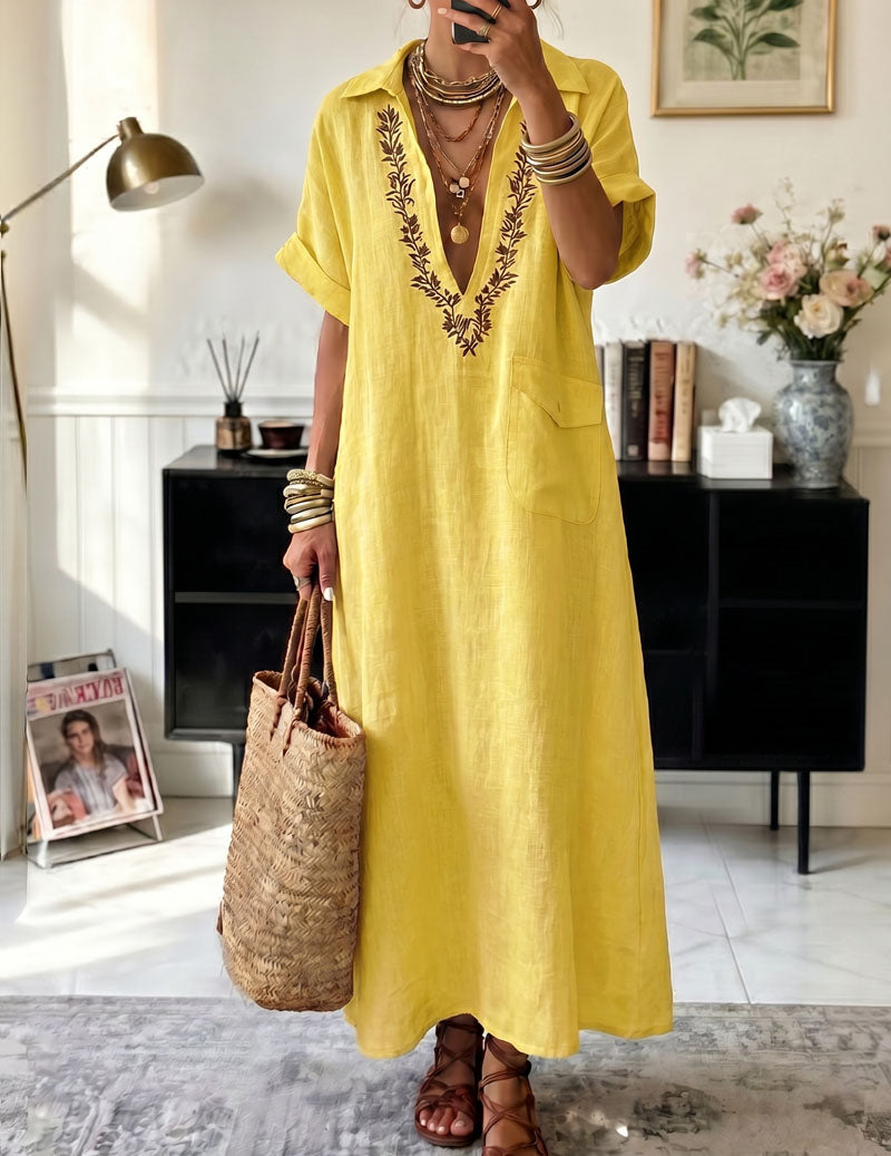 Yellow maxi lounge dress with V-neck embroidery, short sleeves, side pockets