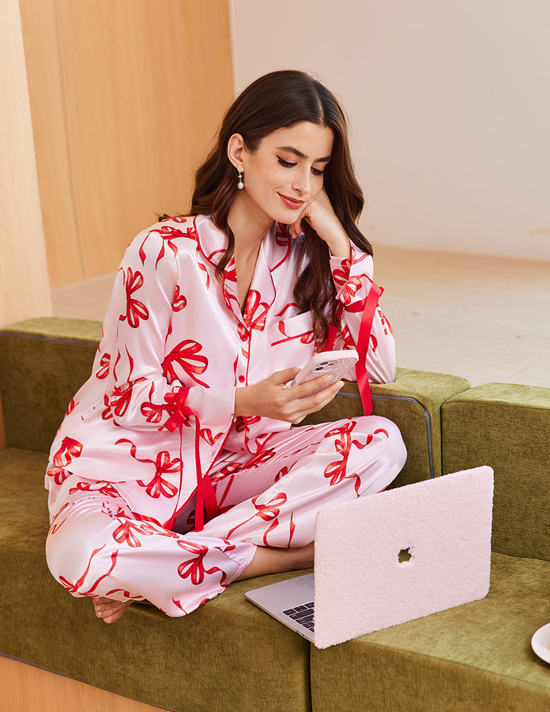 Button Down Long Satin Pajamas Set Fancy Loungewear