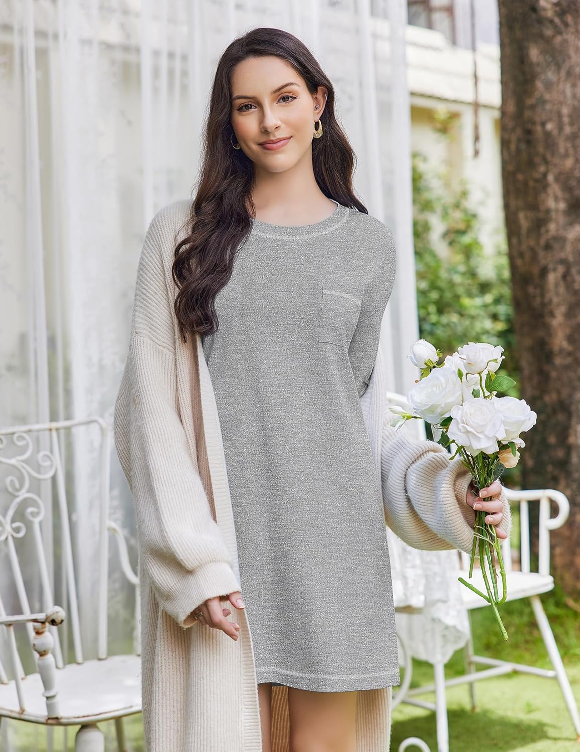 Heather grey long-sleeve cotton nightgown with minimal chest pocket