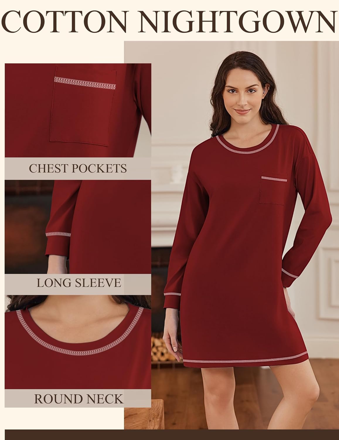Cotton nightgown long-sleeve in burgundy with round neck trim and chest pocket.
