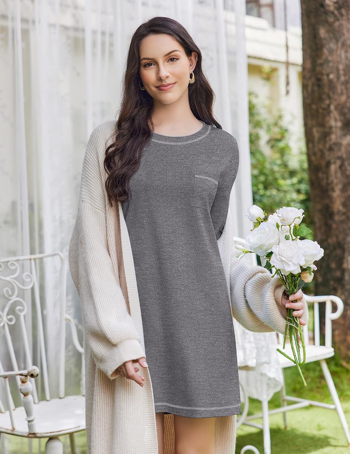 Heather gray cotton nightgown with long sleeves and round neckline