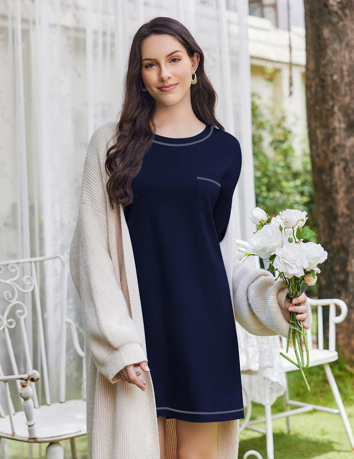 Navy long-sleeve cotton nightgown with contrast neckline and hem trim