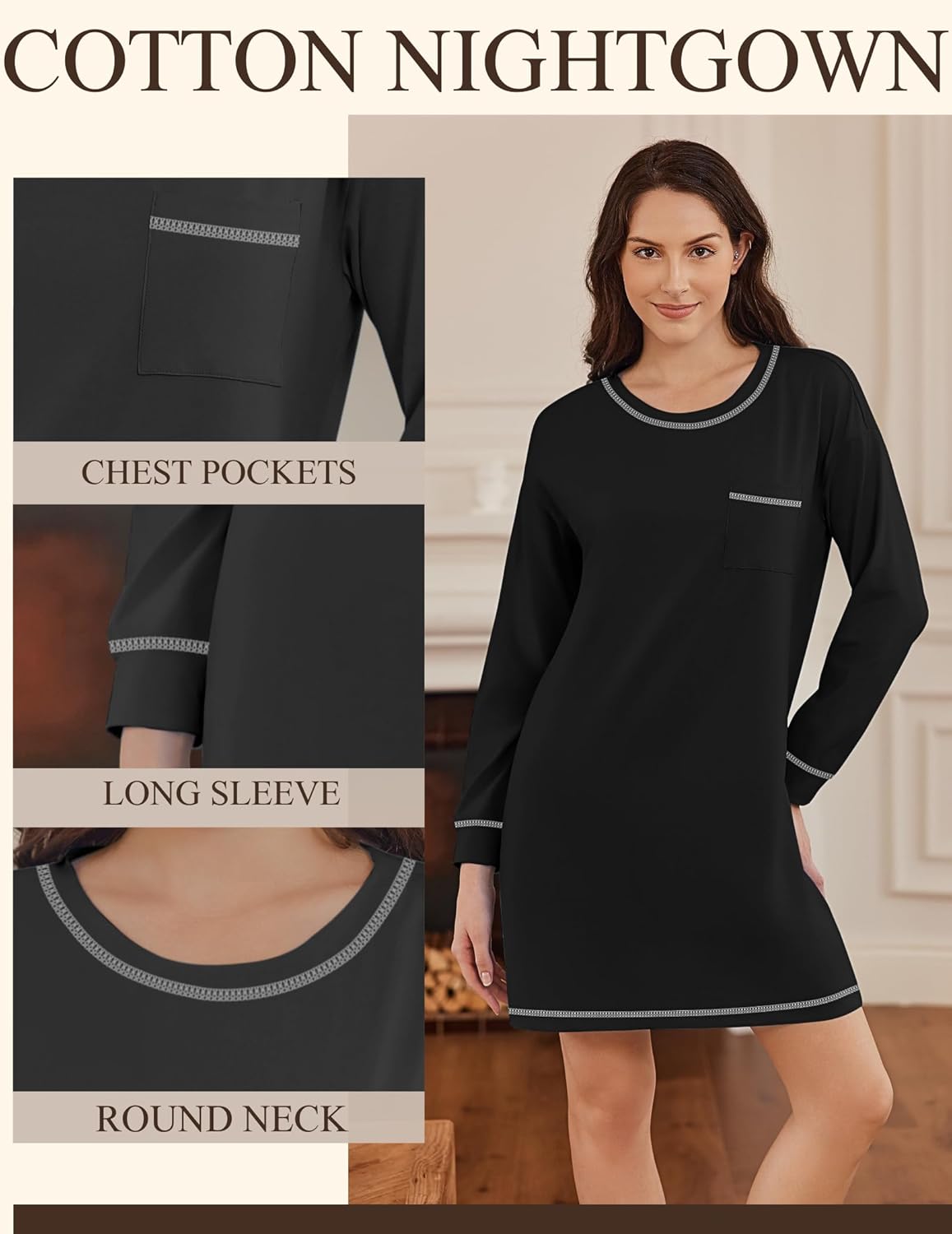 Black cotton nightgown with chest pocket, long sleeves, and round neckline