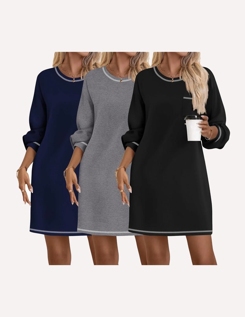 3-pack cotton nightgowns: navy blue, heather gray and black long sleeve sleep shirts