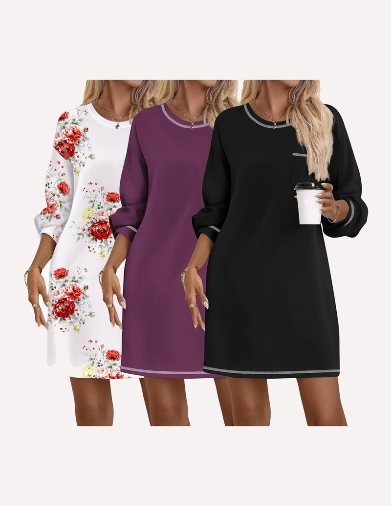 3-pack cotton nightgowns: white floral print, purple solid, and black solid with long sleeves.