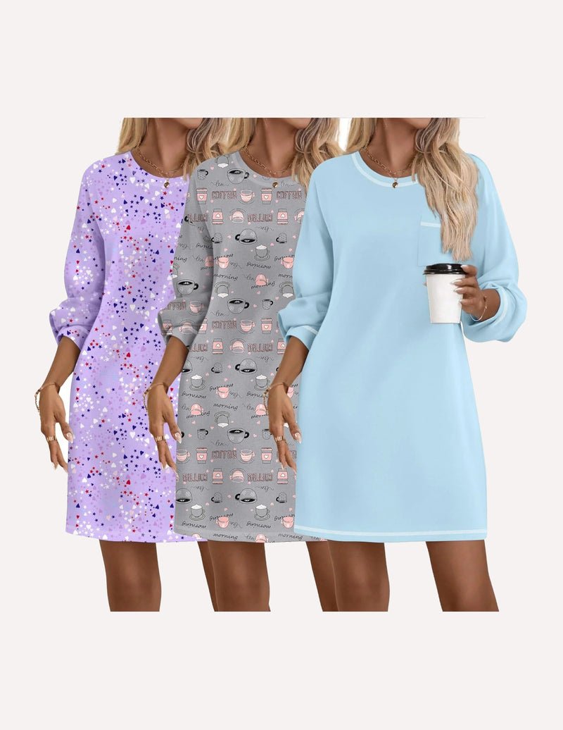 3-pack cotton nightgowns with long sleeves in pastel tones, space/planet-style prints.