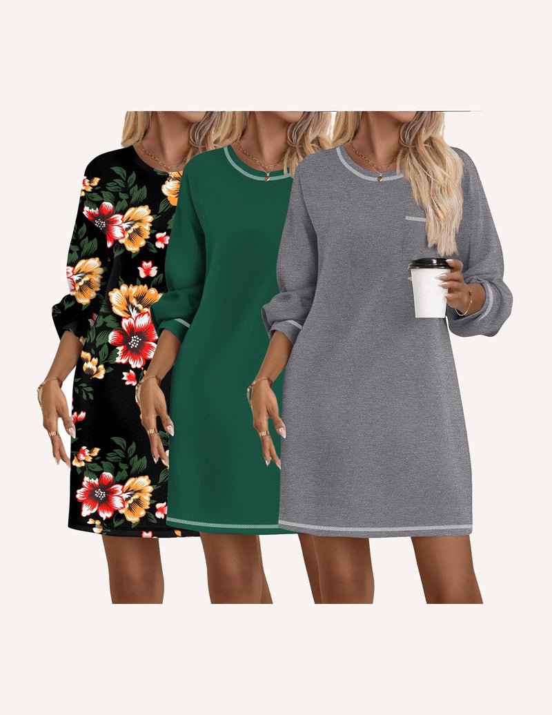 3-pack cotton nightgowns, long sleeve: black floral, green, heather grey