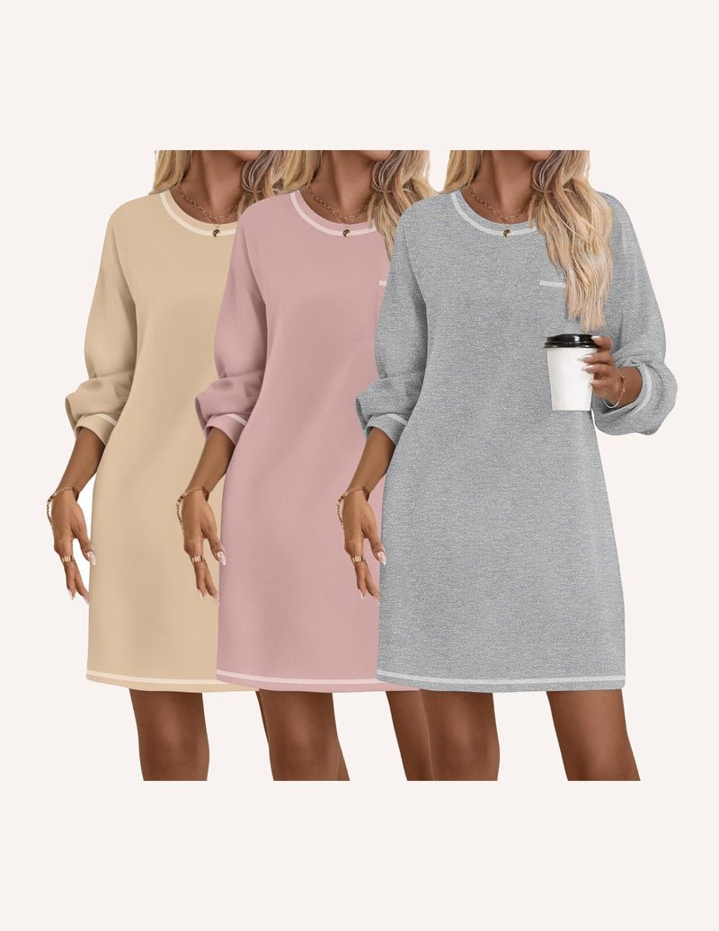 3-pack cotton nightgowns, long sleeve: beige, blush pink, heather grey