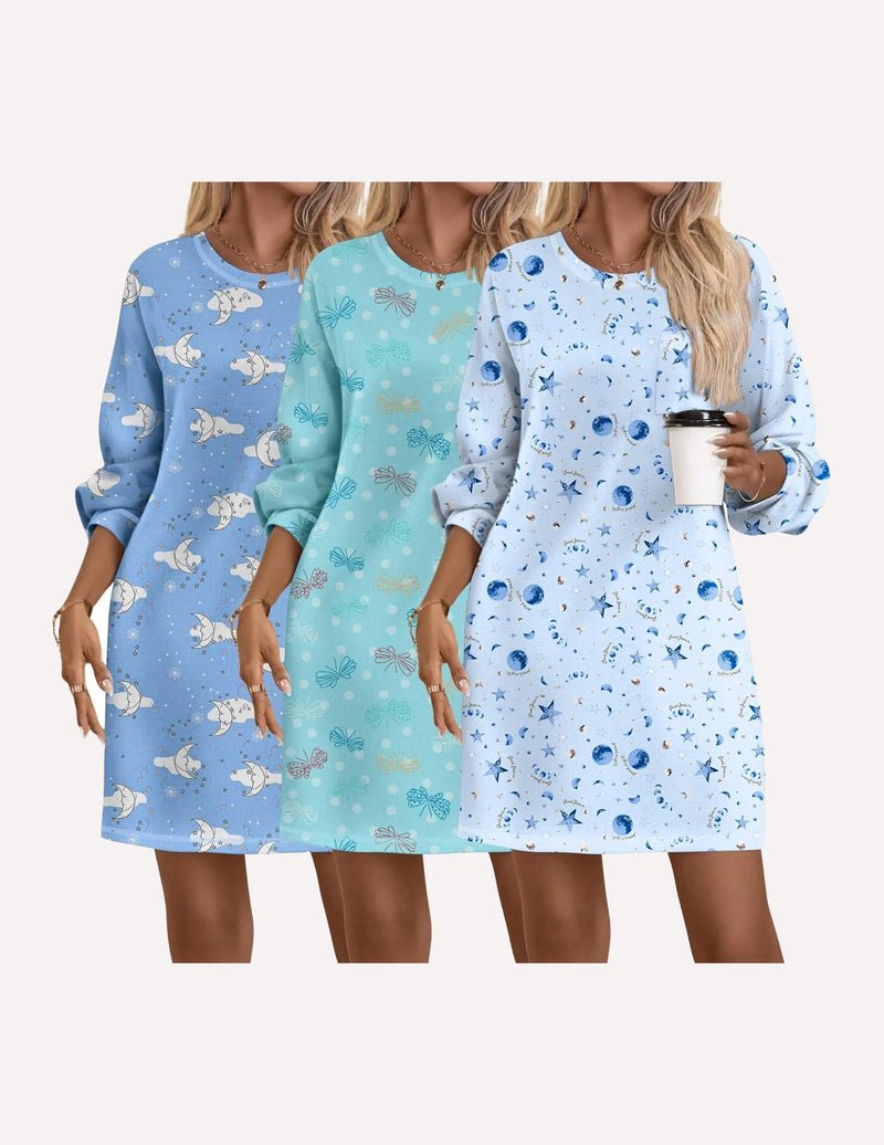 3-pack cotton nightgowns with long sleeves in pastel blue tones, sea-themed prints.