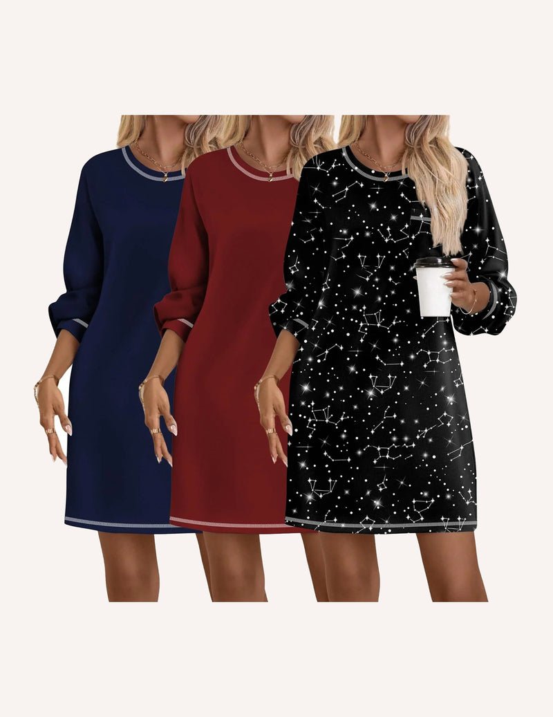 3-pack cotton nightgowns, long sleeve: navy, burgundy, black star print