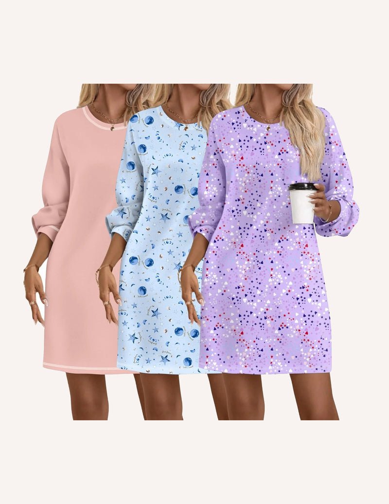 3-pack cotton nightgowns with long sleeves in blush pink, light blue, and purple prints.