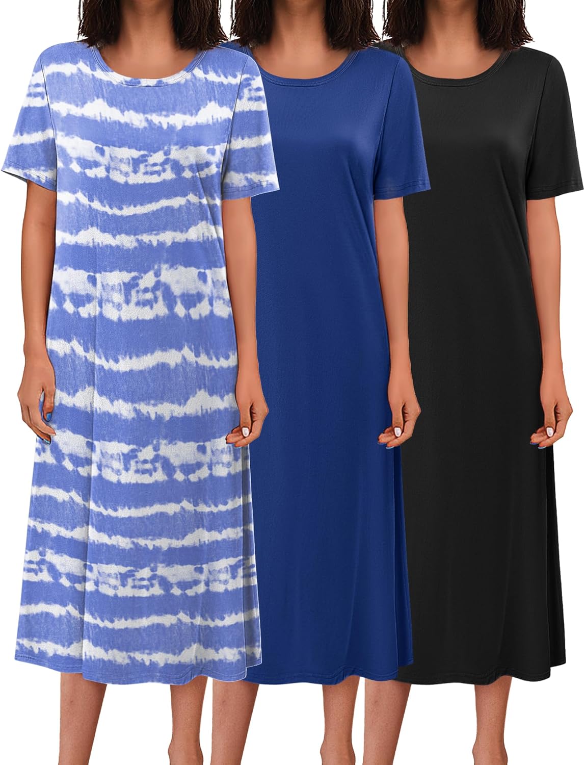 3-pack long nightgowns: blue tie-dye, royal-blue solid, black solid, short sleeves