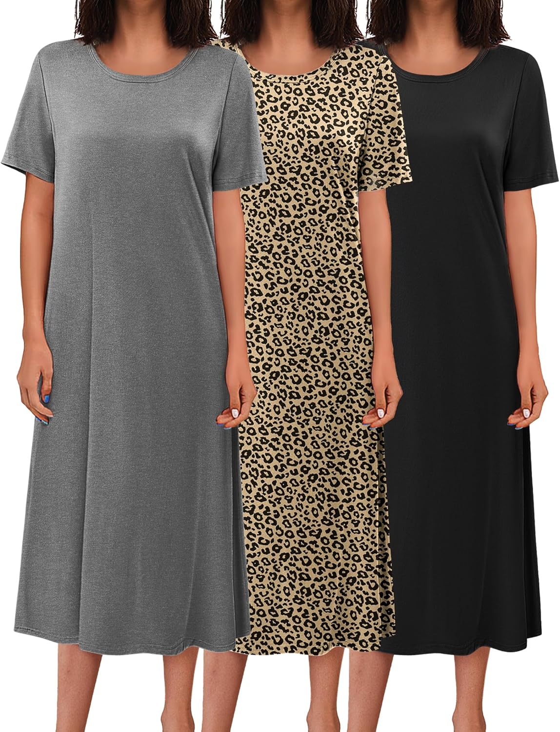 3-pack long nightgowns: gray solid, leopard print, black solid, short sleeves