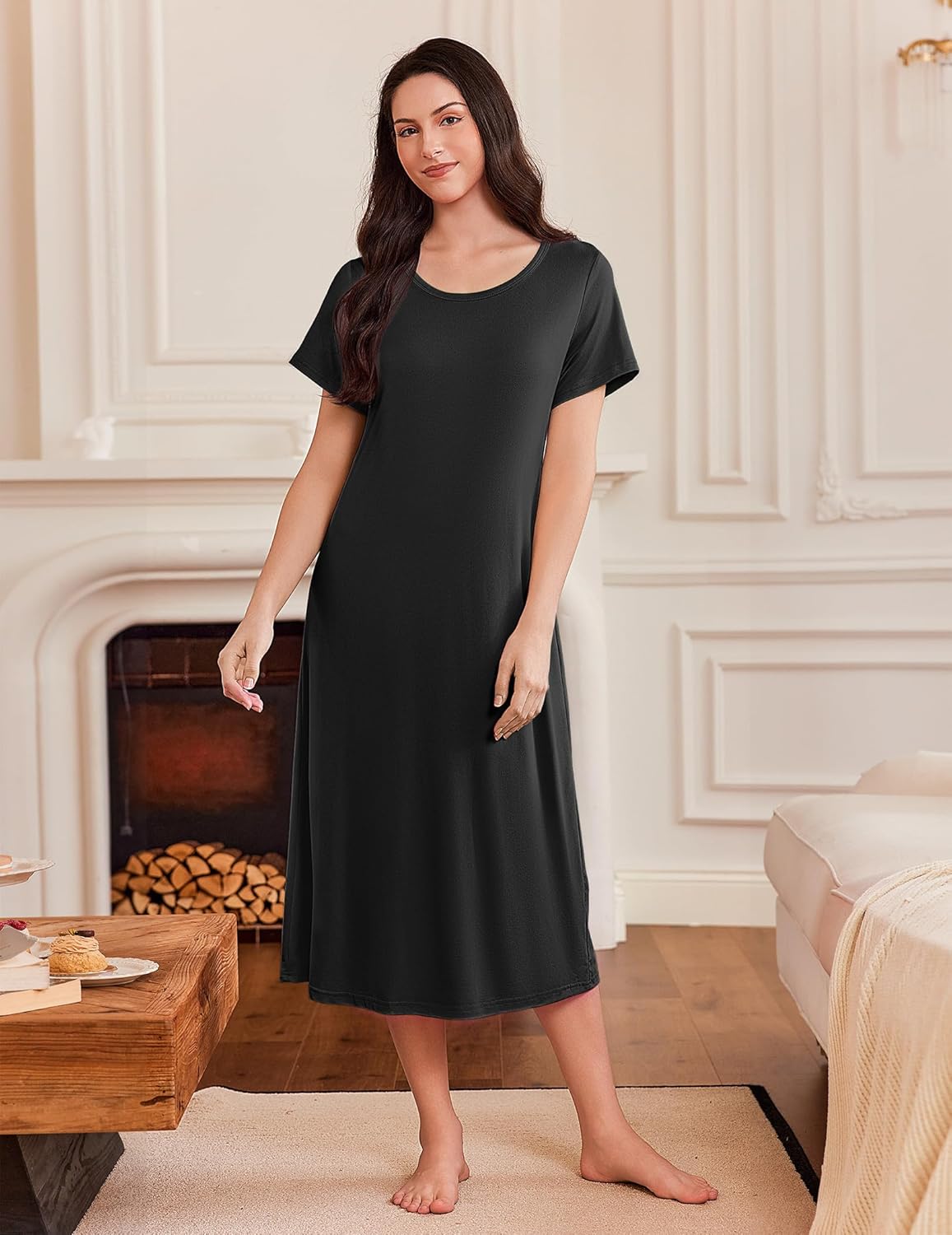Long nightgown dress in dark charcoal, short sleeves, round neckline