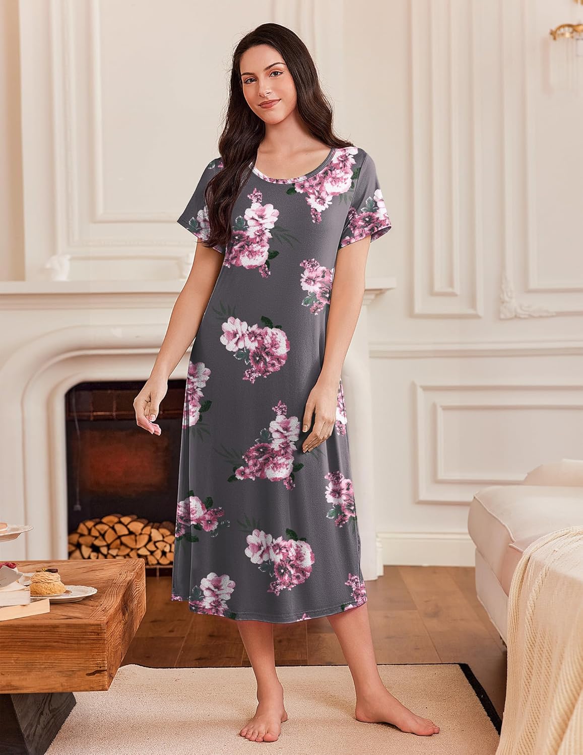 Long nightgown in dark gray with pink floral print, short sleeves, plus-size fit