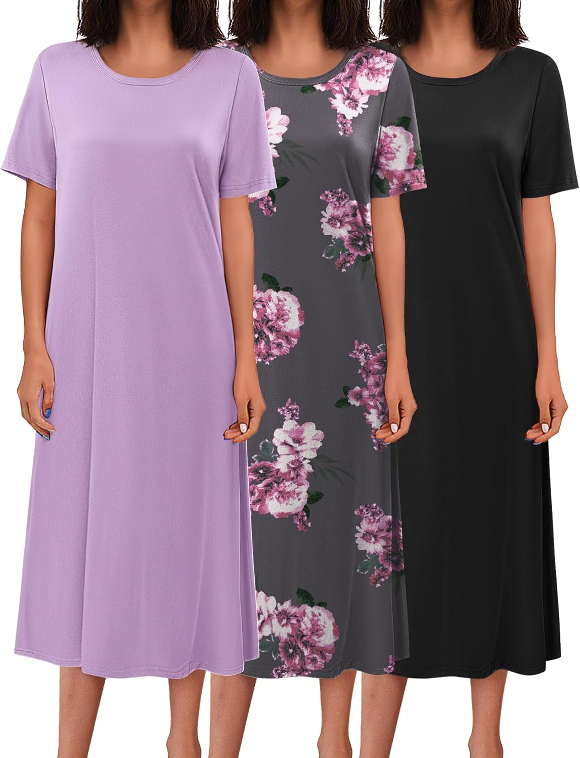 3-pack long nightgowns: lavender solid, dark floral with pink flowers, black solid
