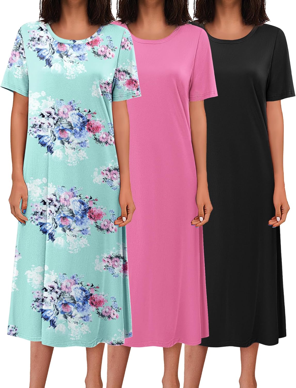 Long nightgown dress set, aqua with blue and pink floral print, short sleeves