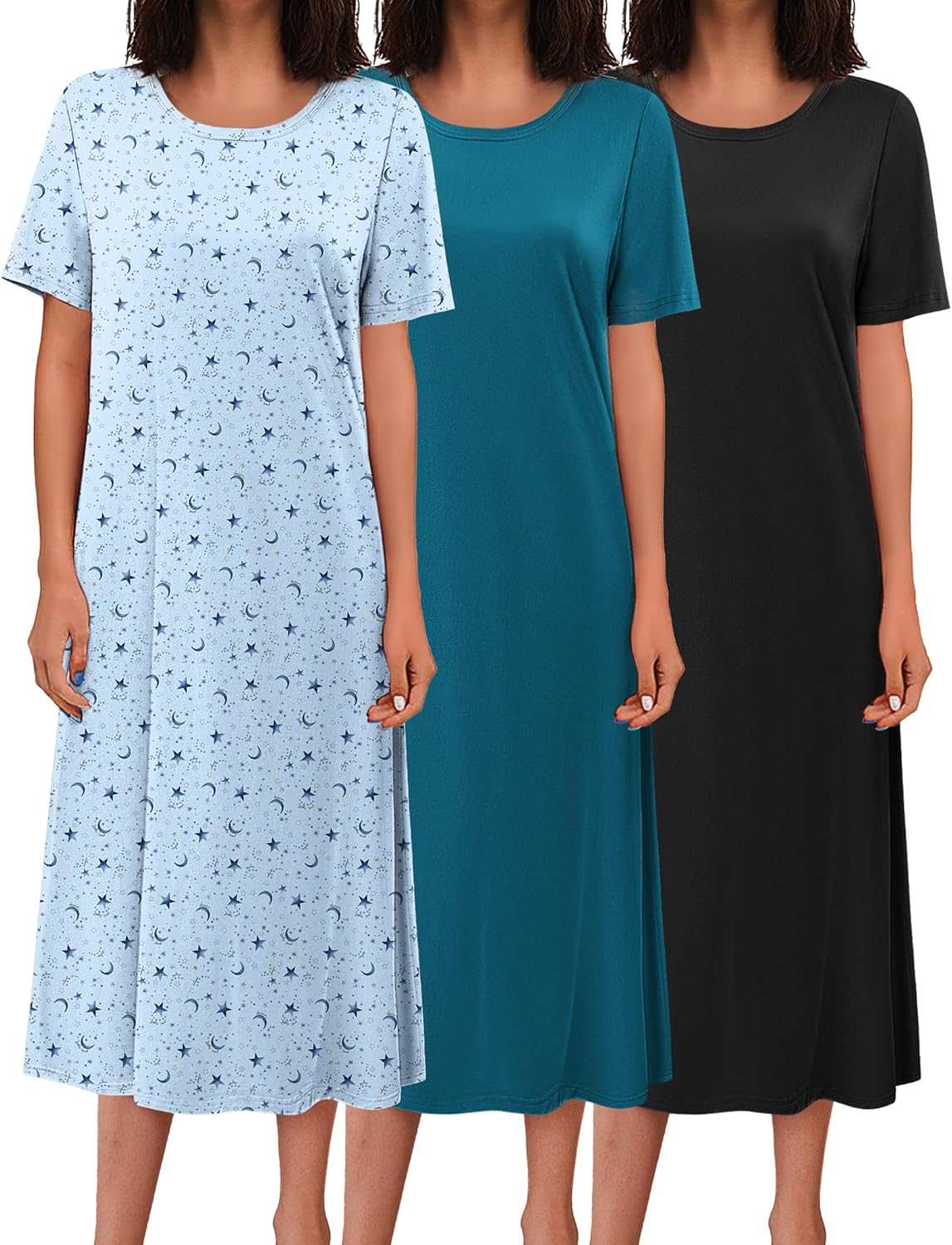 3-pack long nightgowns: light blue star print, teal solid, black solid, short sleeves