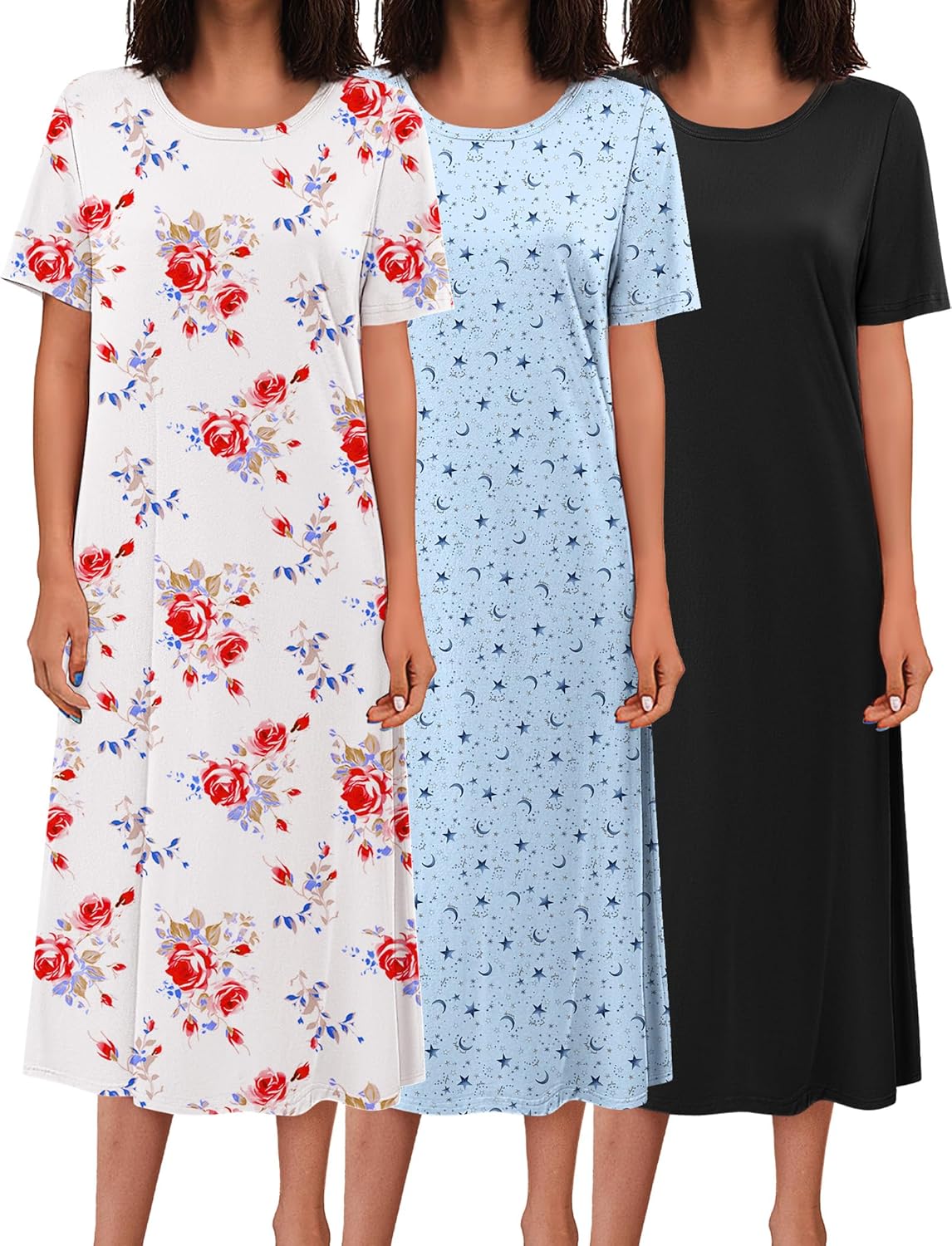 3-pack long nightgowns: white rose print, light blue star print, black solid
