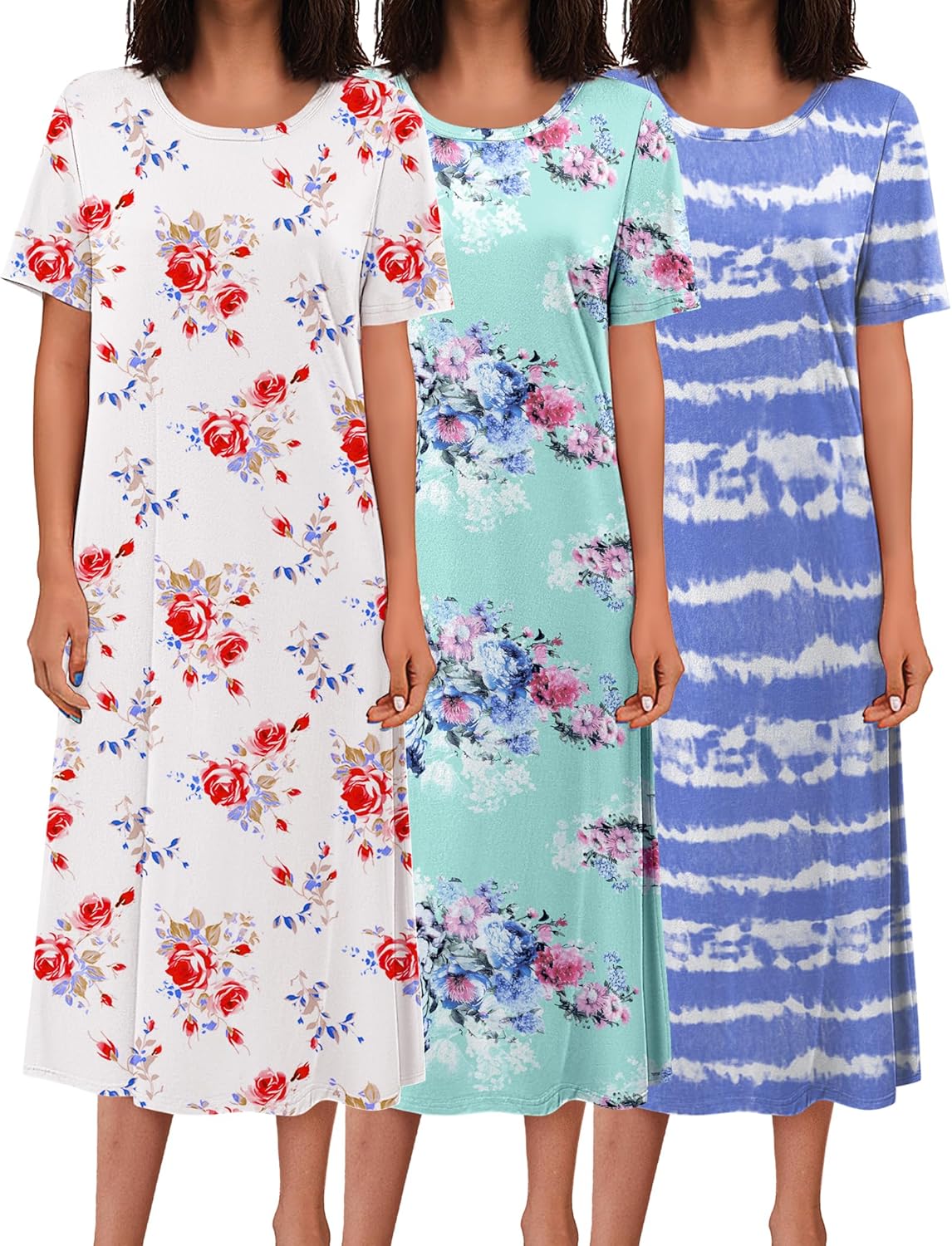 3-pack long nightgowns: white rose print, teal floral, blue tie-dye stripe