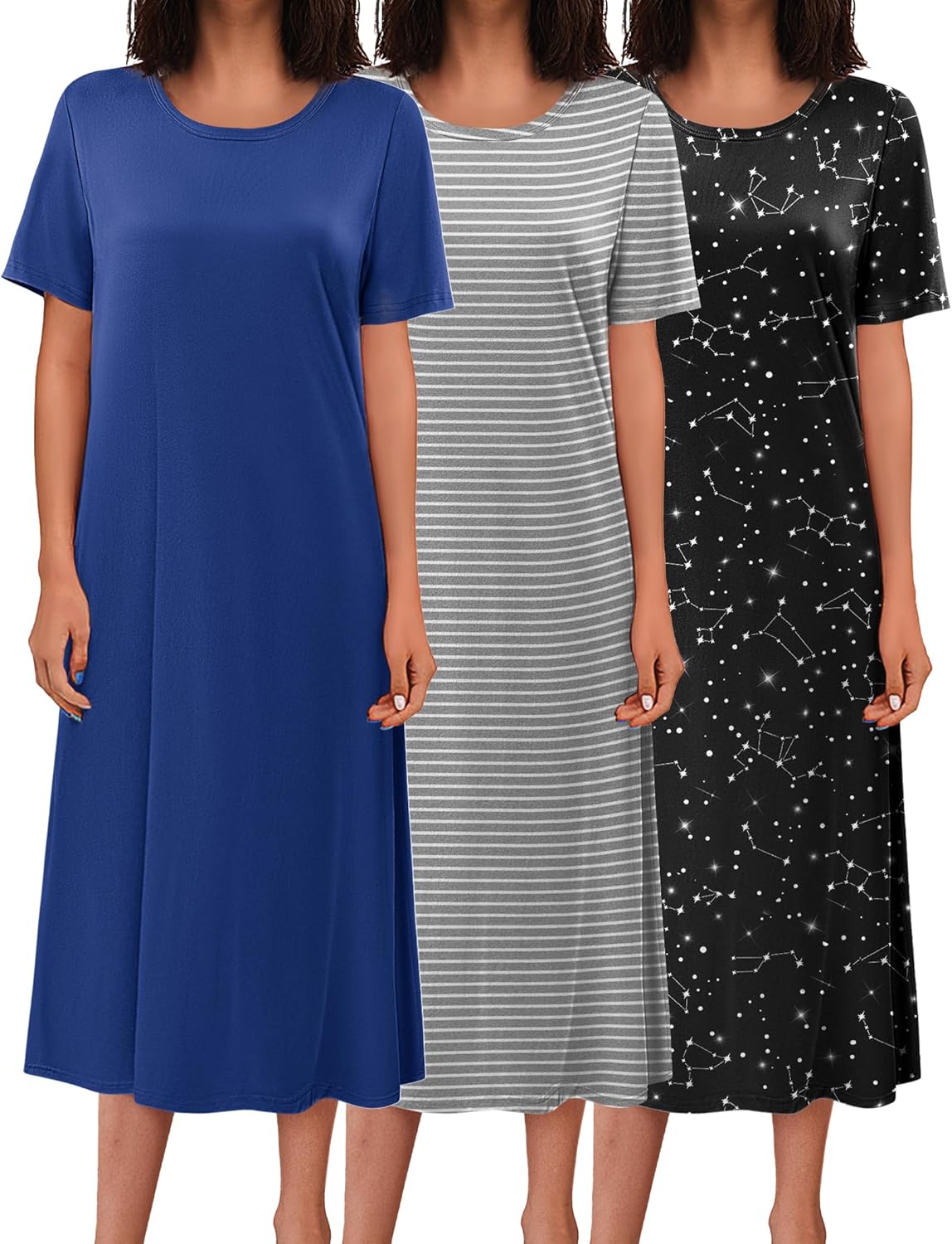 3-pack long nightgowns: blue solid, gray striped, black star print