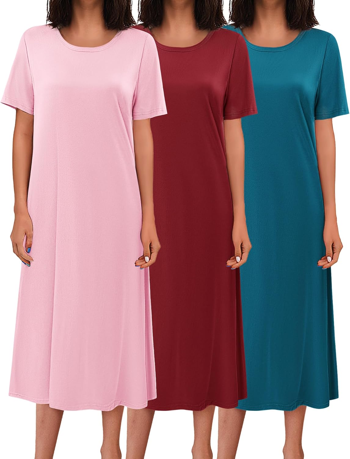 3-pack long nightgowns, light pink, deep red, and teal blue solid colors