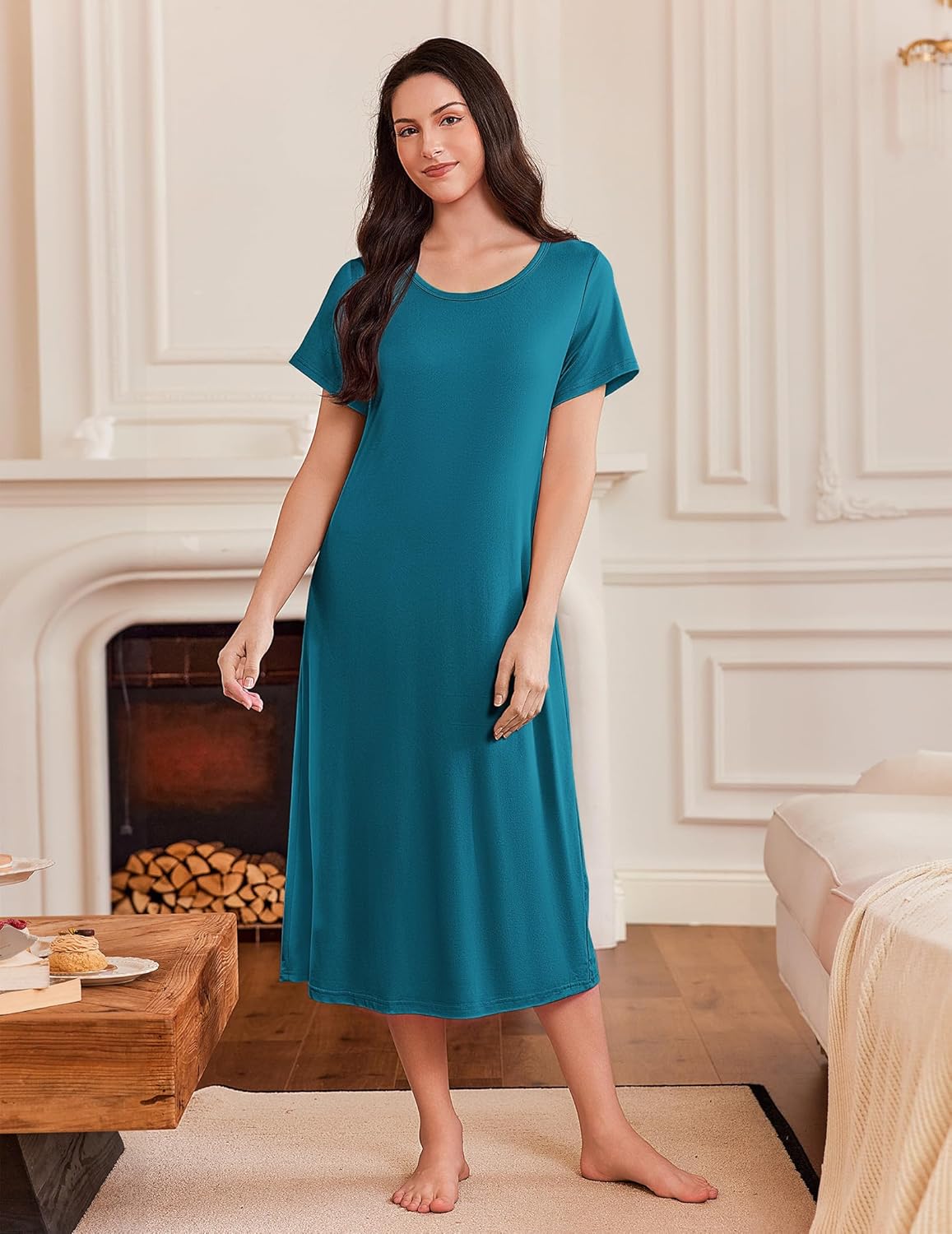 Teal blue long nightgown dress, short sleeves, relaxed loose fit