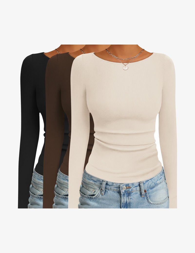 3-pack ribbed thermal long-sleeve shirts: black, dark brown, cream boat neck