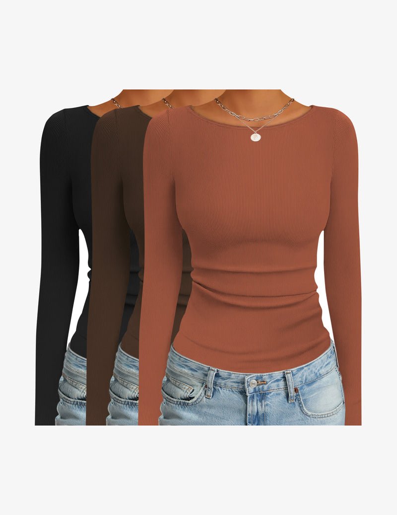 3-pack long-sleeve thermal ribbed boat-neck shirts in black, brown, and rust.