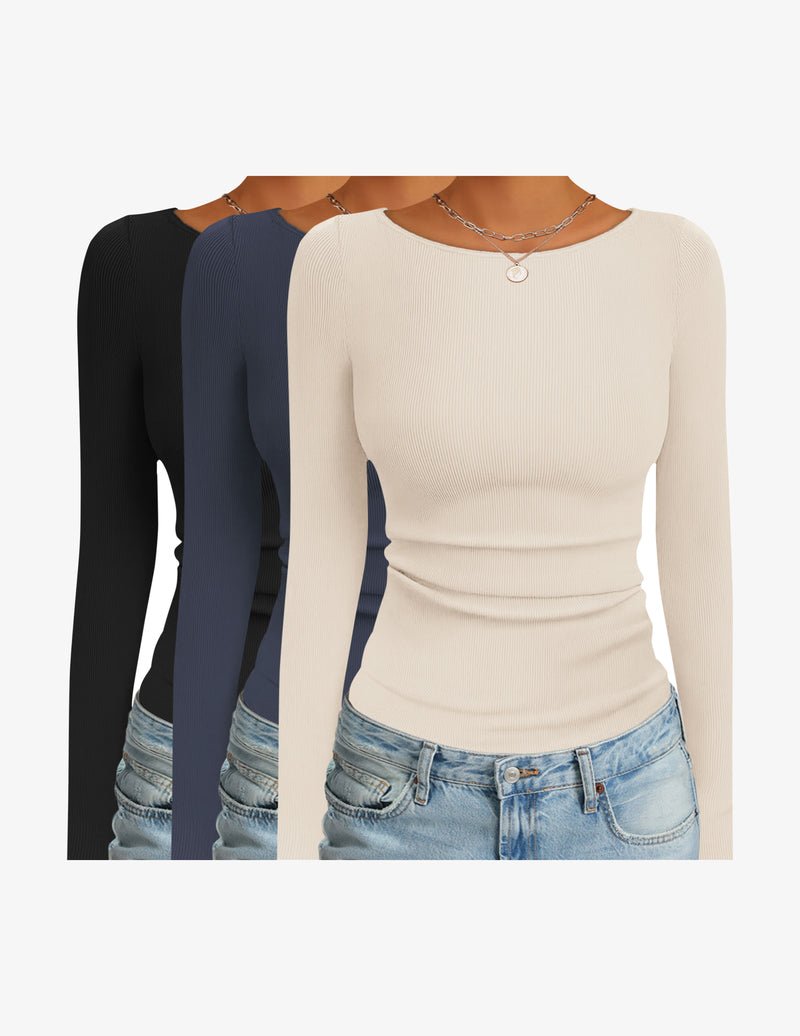 3-pack ribbed thermal long-sleeve shirts: black, navy, cream boat neck