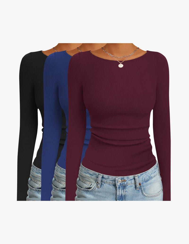 3-pack long-sleeve thermal ribbed boat-neck shirts in black, blue, and maroon.