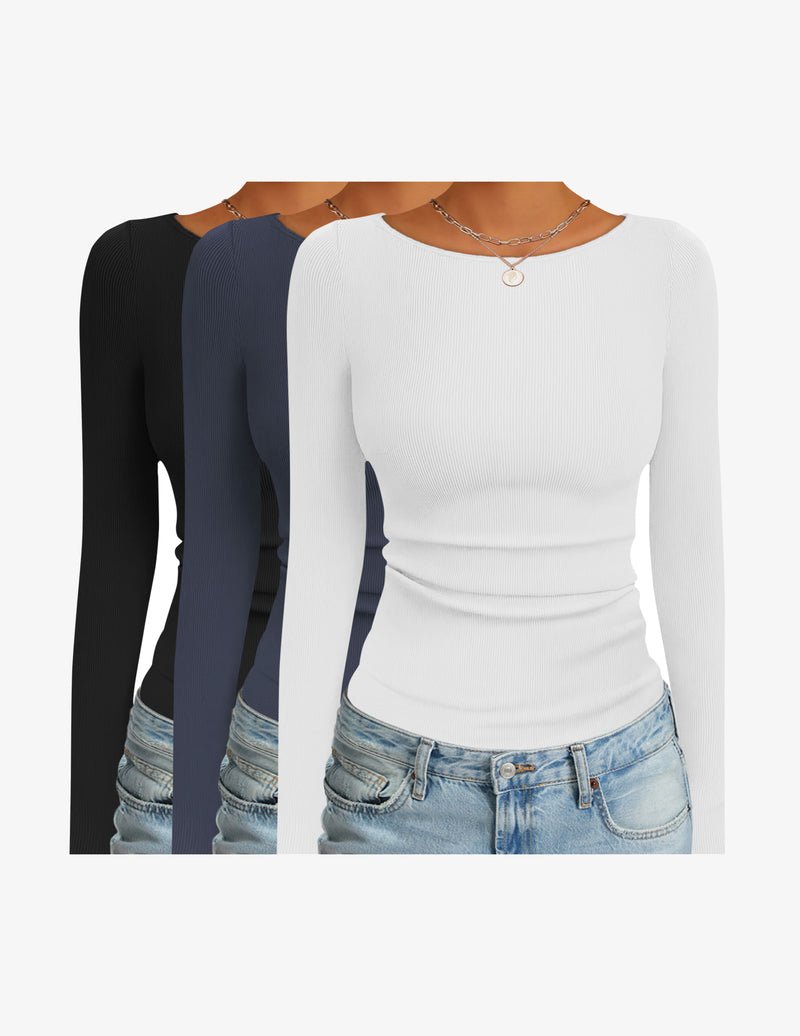 3-pack long-sleeve thermal ribbed boat-neck shirts in black, dark blue, and white.