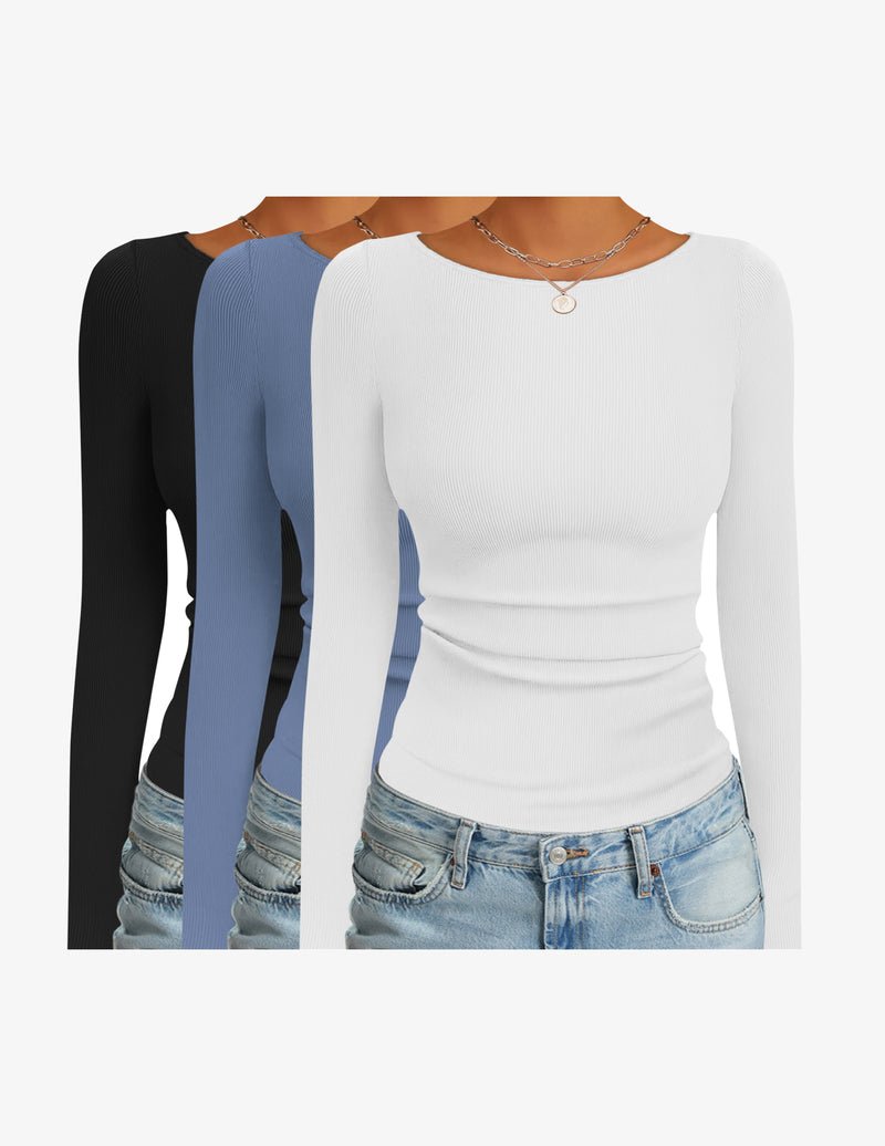 3-pack long-sleeve thermal ribbed boat-neck shirts in black, blue, and white.