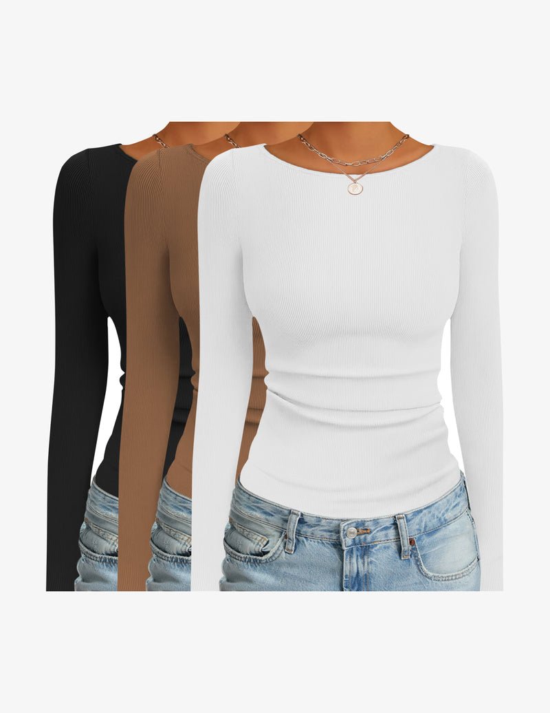 3-pack ribbed thermal long-sleeve shirts: black, brown, white boat neck