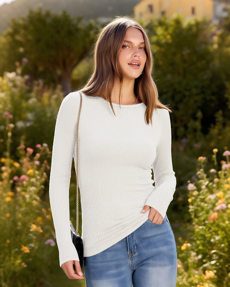 White ribbed thermal long-sleeve shirt, boat neck