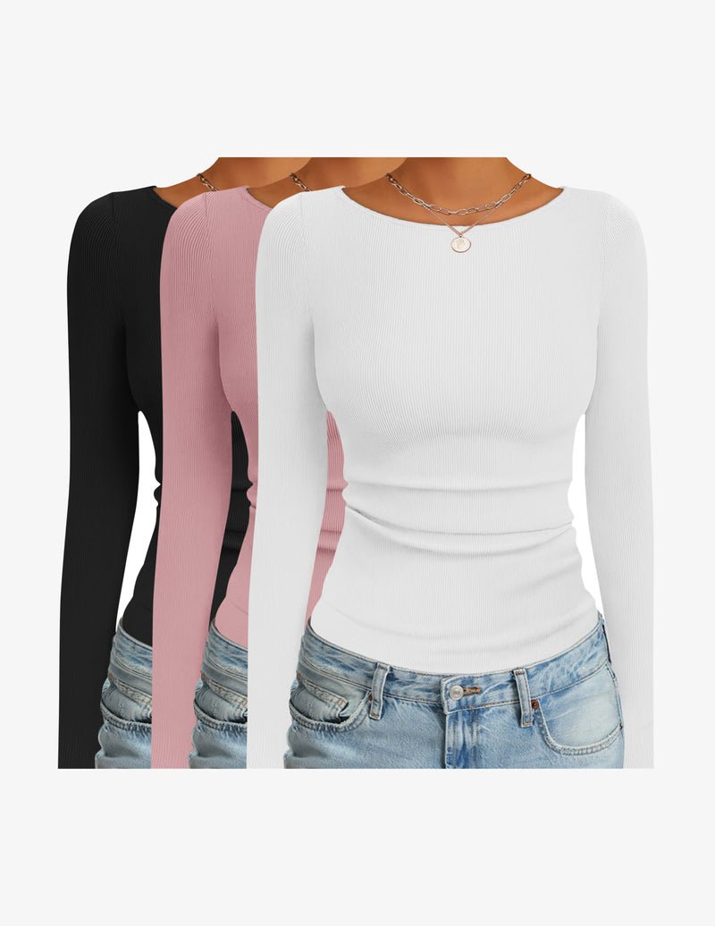 3-pack long-sleeve thermal ribbed boat-neck shirts in black, pink, and white.