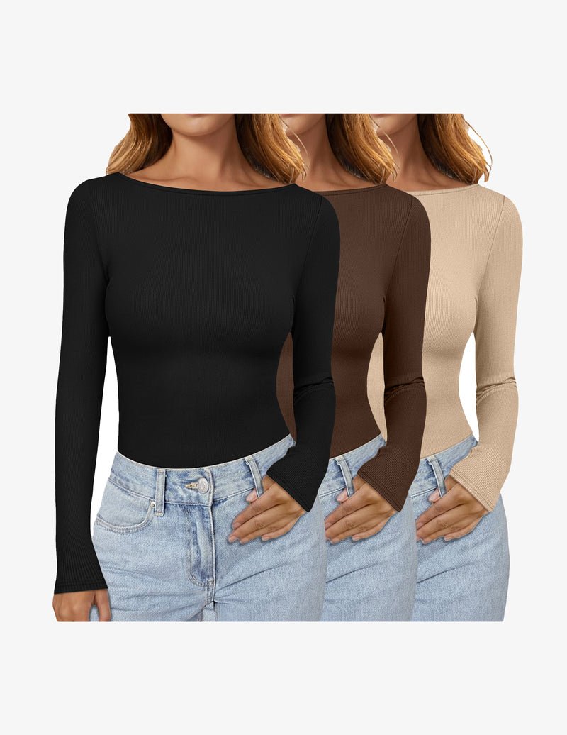 Long-sleeve thermal ribbed boat-neck shirts in black, brown, and beige (3-pack).