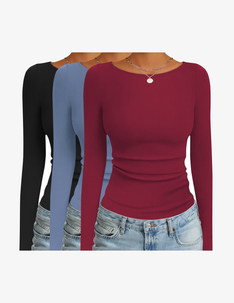 Ribbed thermal long-sleeve shirts, boat neck: burgundy, blue, black set of 3