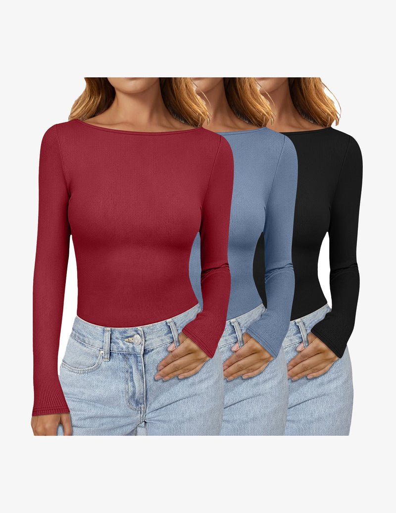 3-pack long sleeve ribbed thermal shirts: burgundy, blue, black boat neck