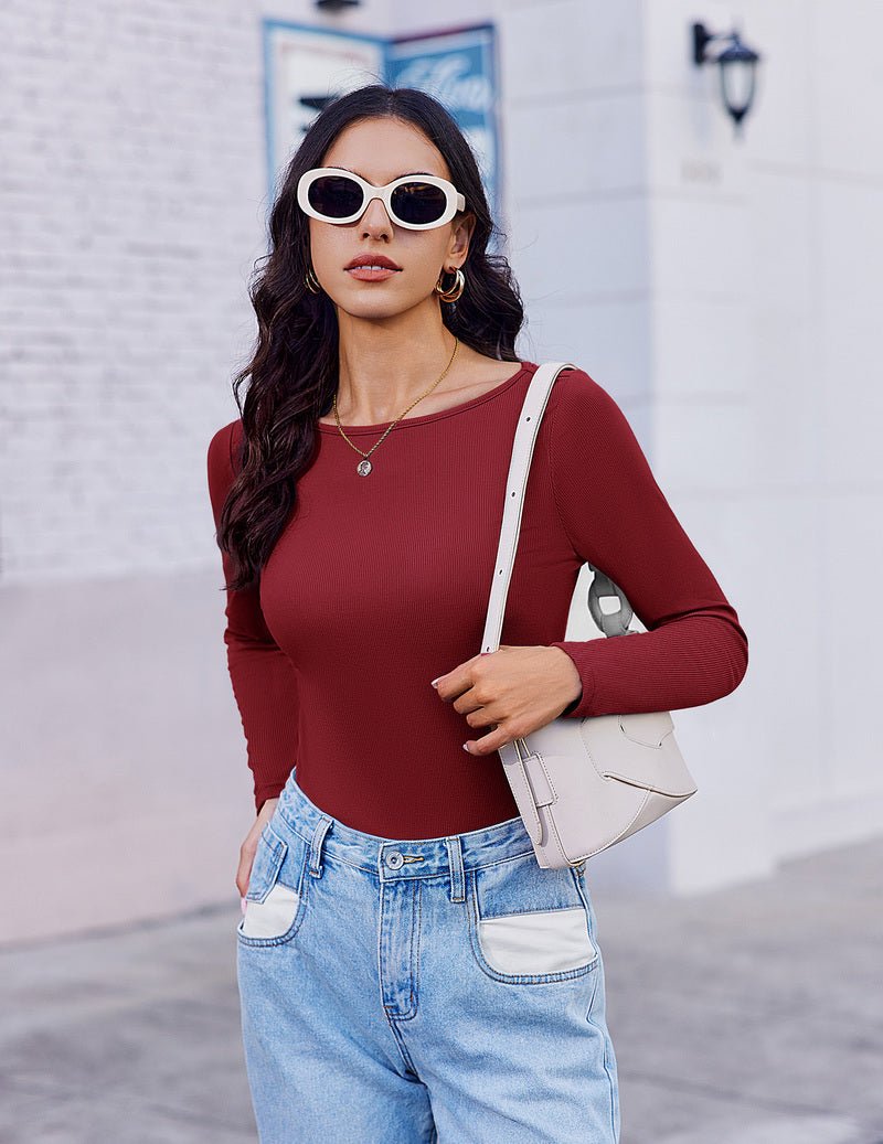 Burgundy ribbed thermal long-sleeve shirt with boat neck