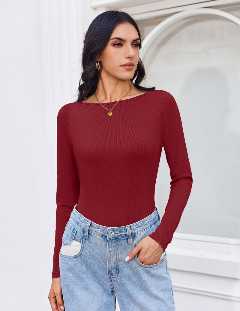 Burgundy ribbed thermal long-sleeve shirt, boat neck