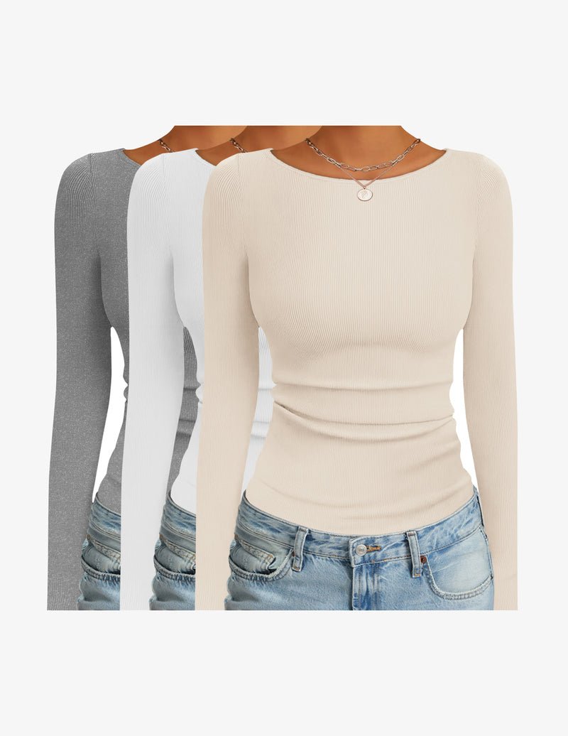3-pack long-sleeve thermal ribbed boat-neck shirts in gray, white, and beige.