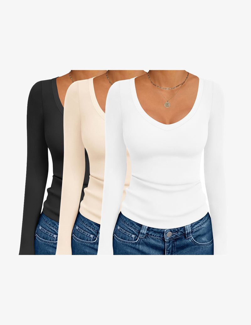 3er Pack langarm Thermo-Tops mit V-Ausschnitt: schwarz, beige, weiß.